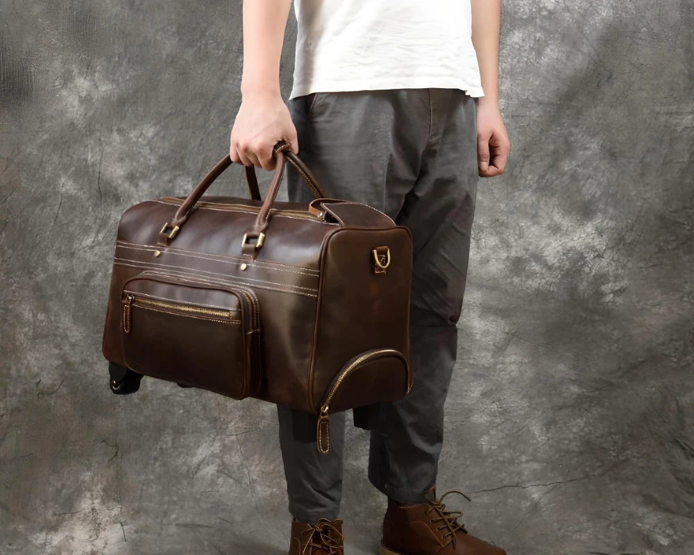 black leather carry on bag
